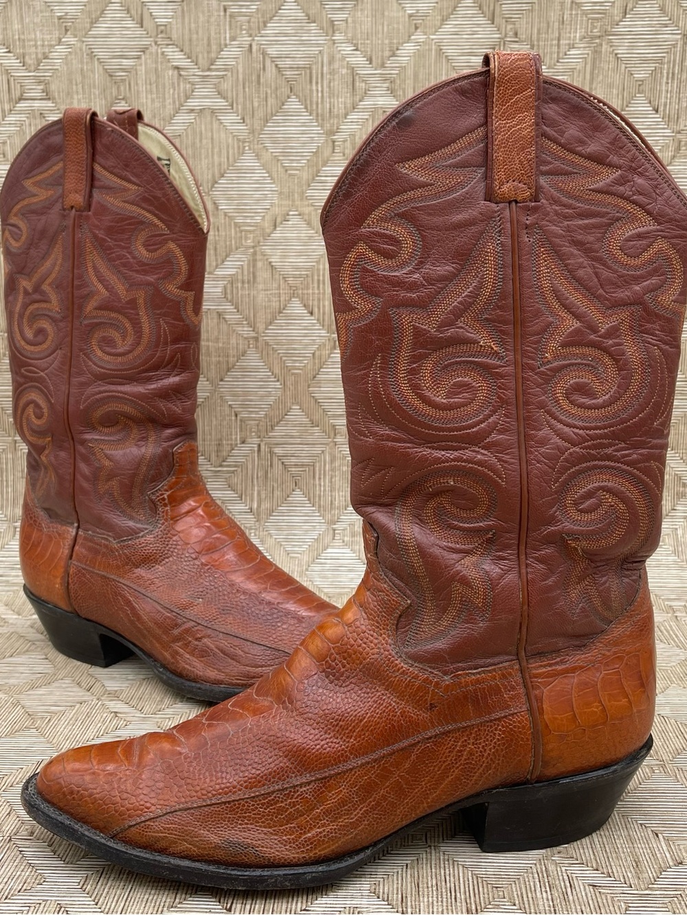 Vintage Panhandle Slim Ostrich Leg Cowboy Boots Cognac Brown Mens 10.5D Western